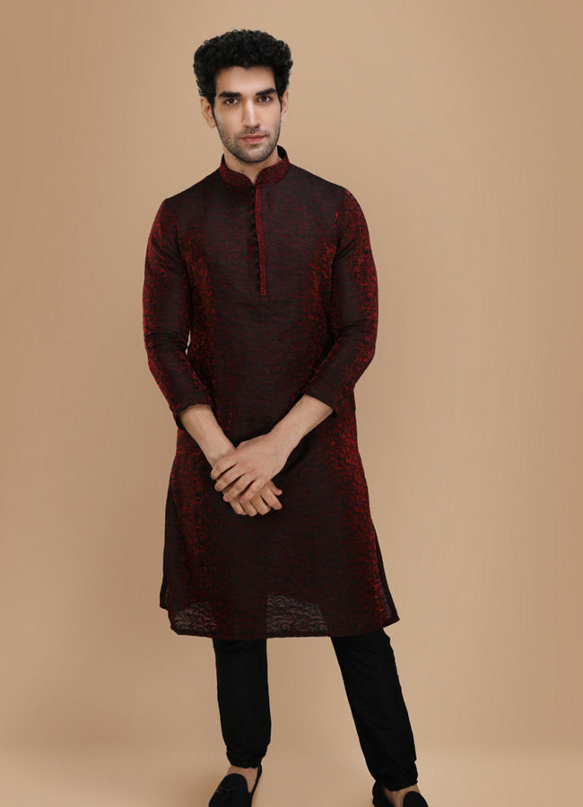 Buy Merlot Red Jacquard Kurta Set Online in India Manyavar Kurta Pajama for Men